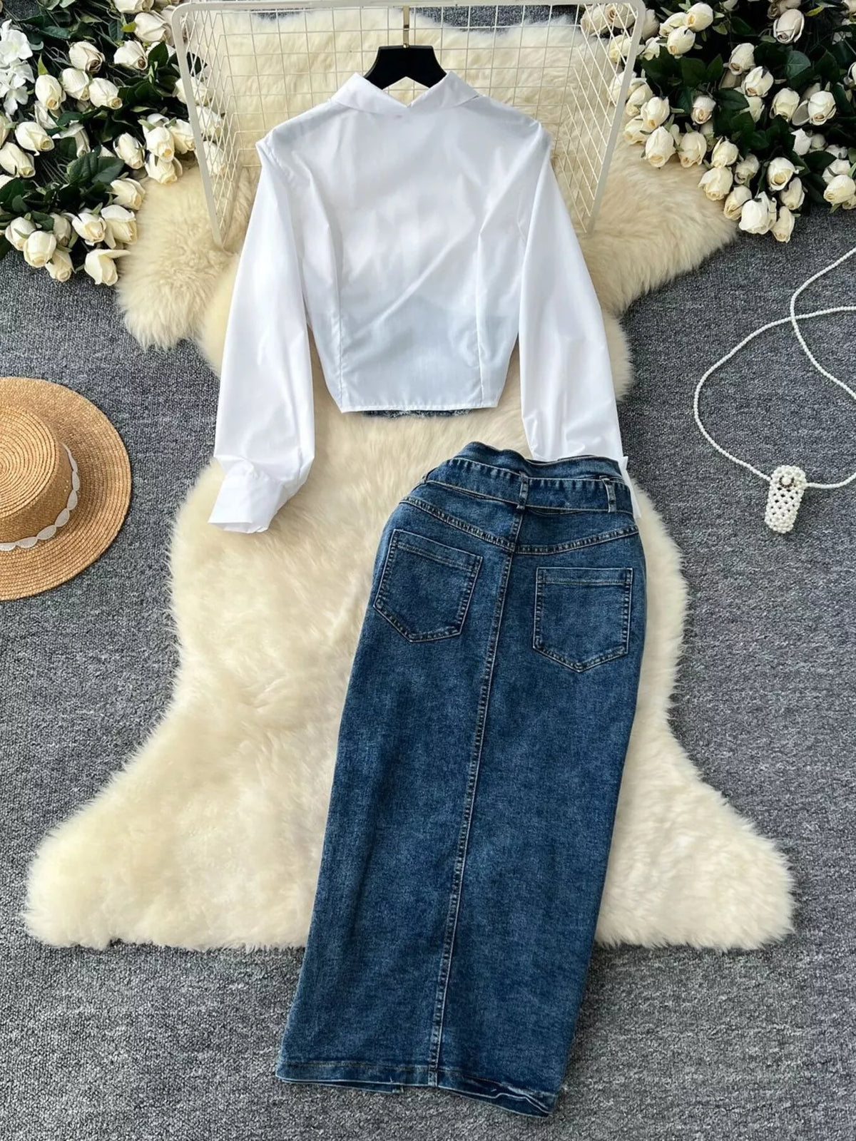 Frayed Denim Patchwork Top & Slit Maxi Skirt Denim Set