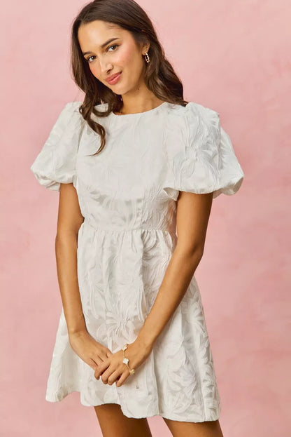 SO ME Floral Jacquard Bubble Shorts Sleeves Mini Dress