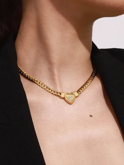 18K Gold-Plated Inlaid Zircon Heart Chain Necklace