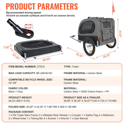 Dog Bike Trailer, Supports Up To 88 Lbs, Pet Cart Bicycle Carrier, Easy Folding Frame With Quick Release Wheels, Universal Bicycle Coupler, Reflectors, Flag, Collapsible To Store, BlackGray