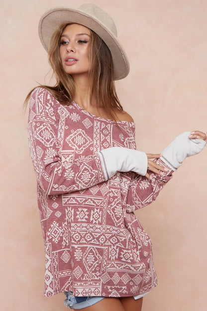 BiBi Aztec Print French Terry Top with Thumb Opening