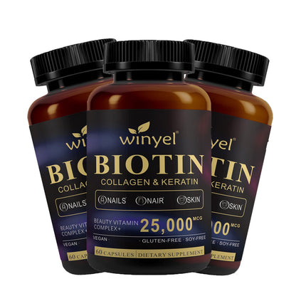 Biotin  Collagen  Hyaluronic Acid  Keratin - Support Normal Hair Growth Cycle - Skin & Nails - 25000mcg Vitamins B1, B2, B3, B6 & B7 - For Women & Men 60 Capsules