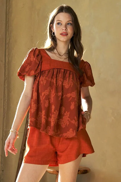Davi & Dani Nature Printed Square Neck Puff Sleeve Blouse