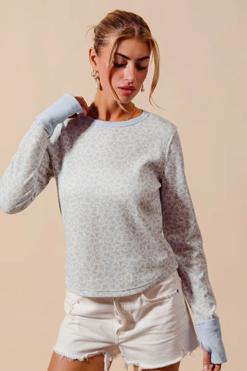 SO ME Textued Floral Knit Top with Contrast Cuffs