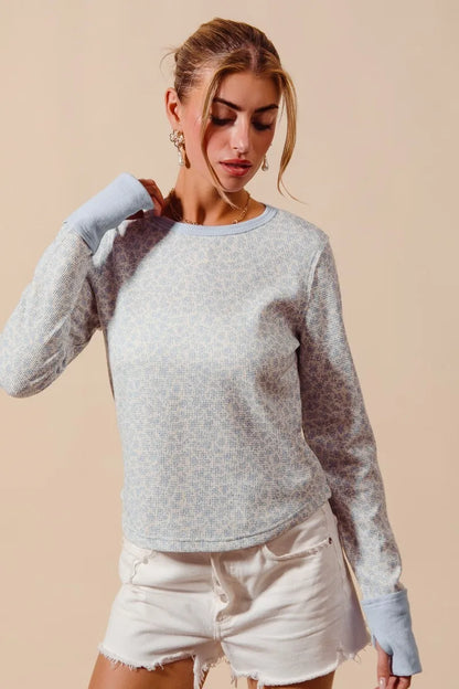 SO ME Textued Floral Knit Top with Contrast Cuffs