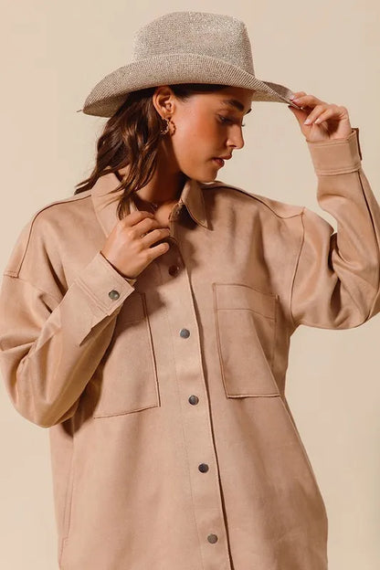 SO ME Faux Sued Snap Shacket with Collar and Pockets