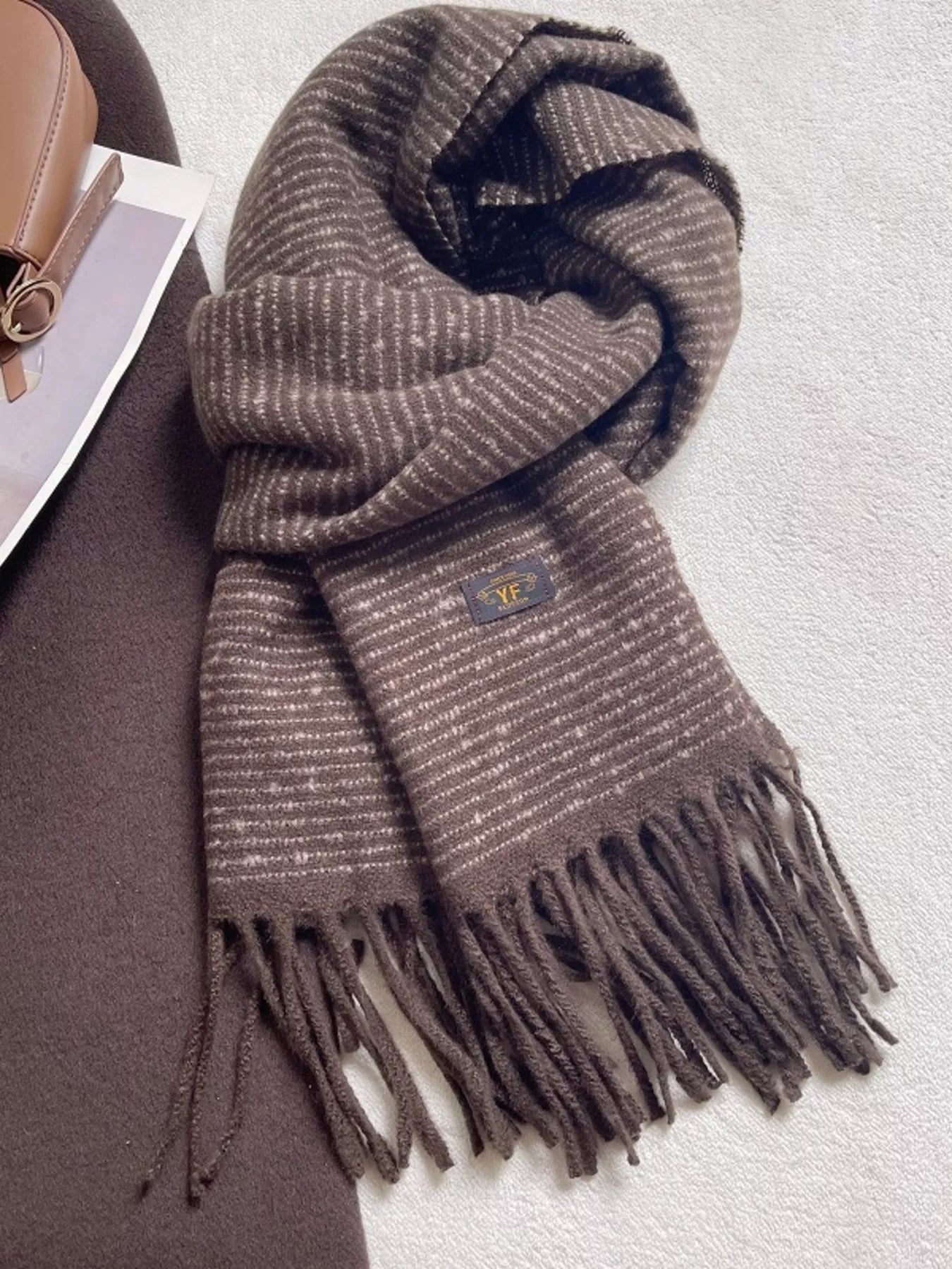 Warm Striped Tassel Scarf