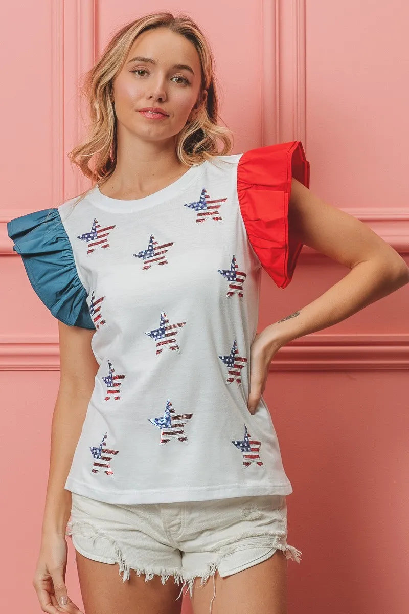 BiBi American Flag Sequin Stars Top