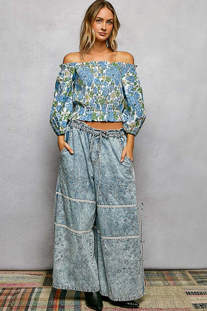 POL Floral Print Smocked Off-Shoulder Blouse