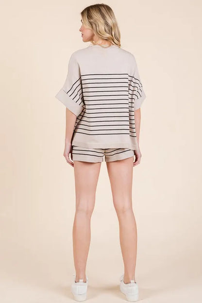 Lime 'N' Chili Striped Folded Half Sleeve Top and Shorts Set