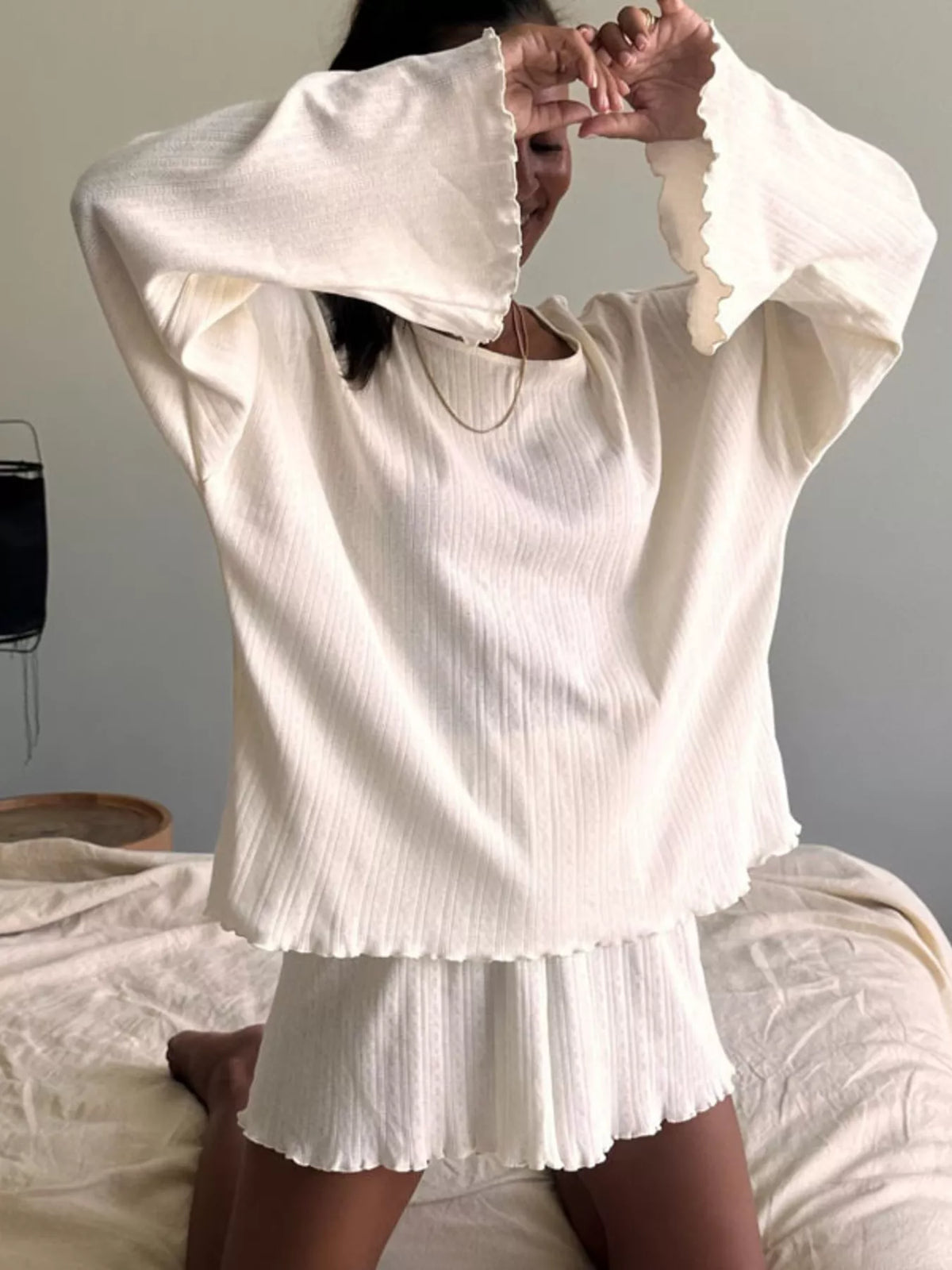 Ribbed Knit Long Sleeve Top and Shorts Lounge Set