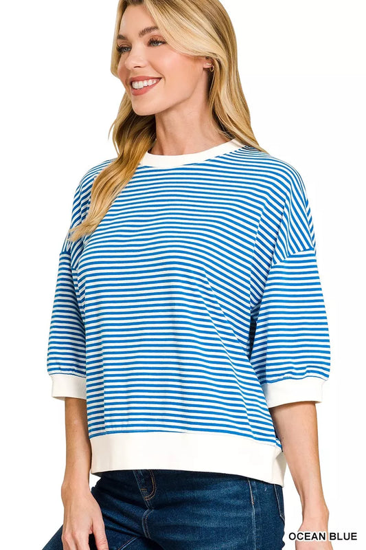 Zenana Striped Contrast Trim Banded Bottom Top