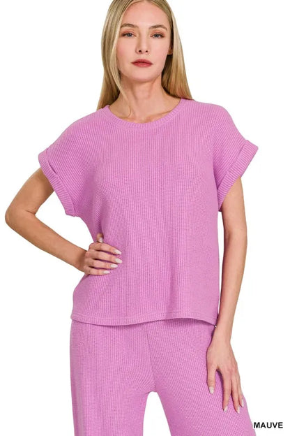Zenana Rolled Sleeve Top and Pants Sweater Set
