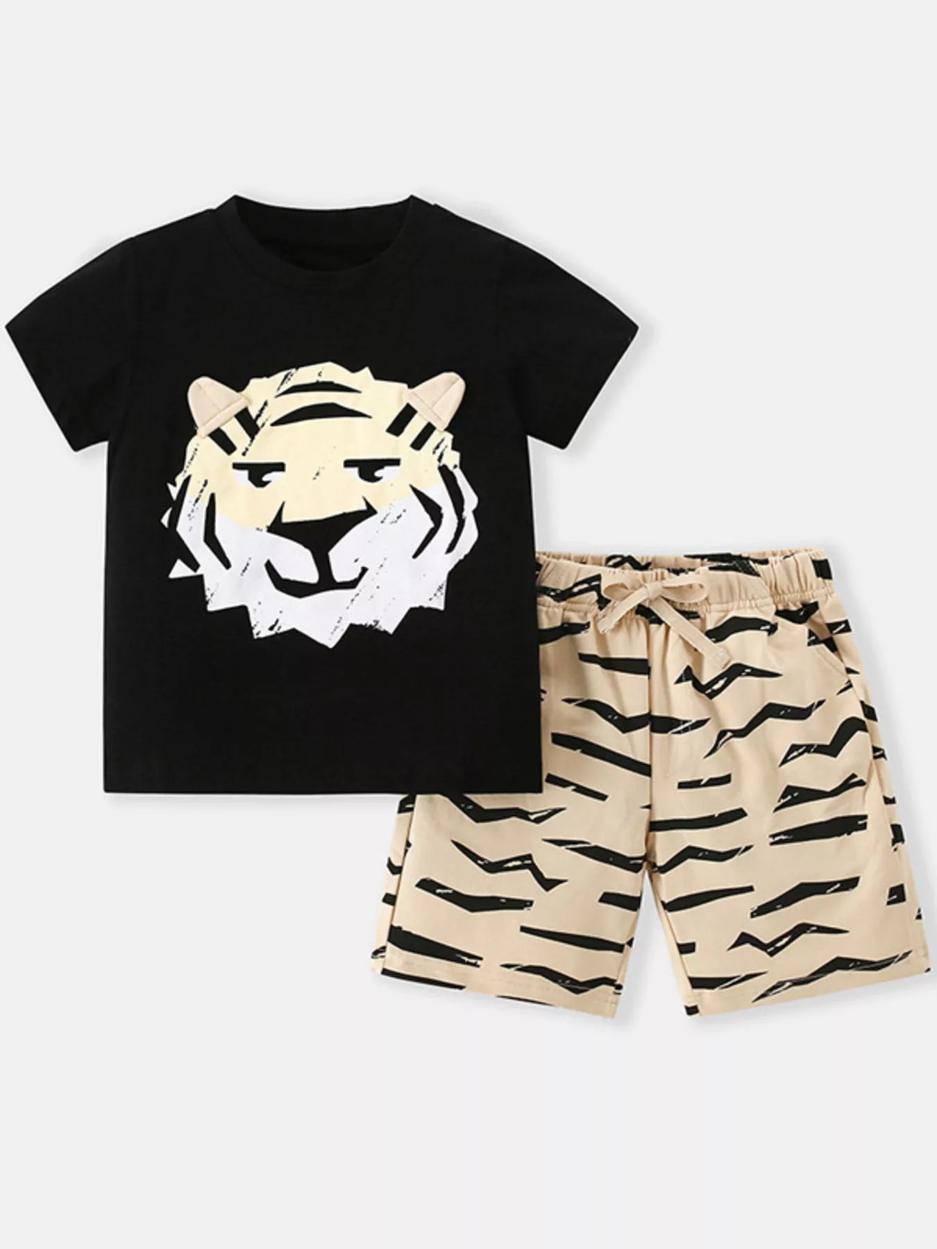 Children's Tiger Print Round Neck Top and Shorts Casual Set