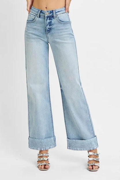 RISEN Full Size Tummy Control High Rise Ankle Wide Cuffed Jeans Plus Size