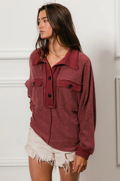 BiBi Cp French Terry Cut Edge Detail Collared Top