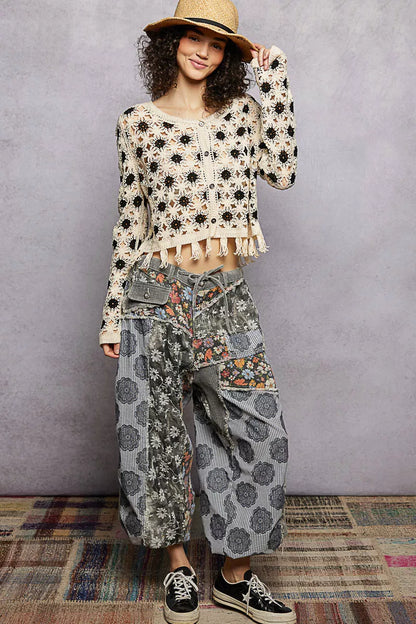 POL Openwork Floral Crochet Cardigan with Tassel Hem
