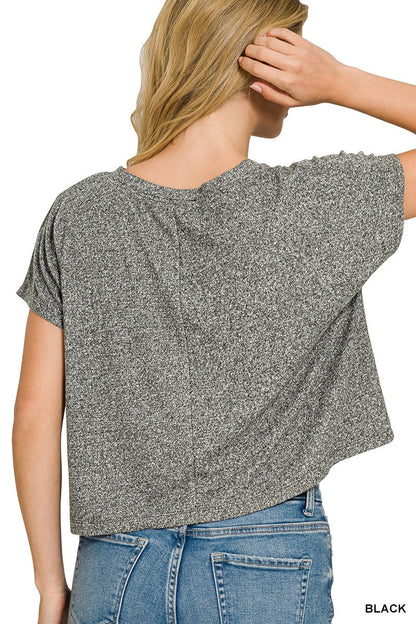 Zenana Soft Melange V-neck Drop Shoulder Cropped Top