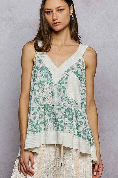 POL Floral V-Neck Tank with Front Pocket