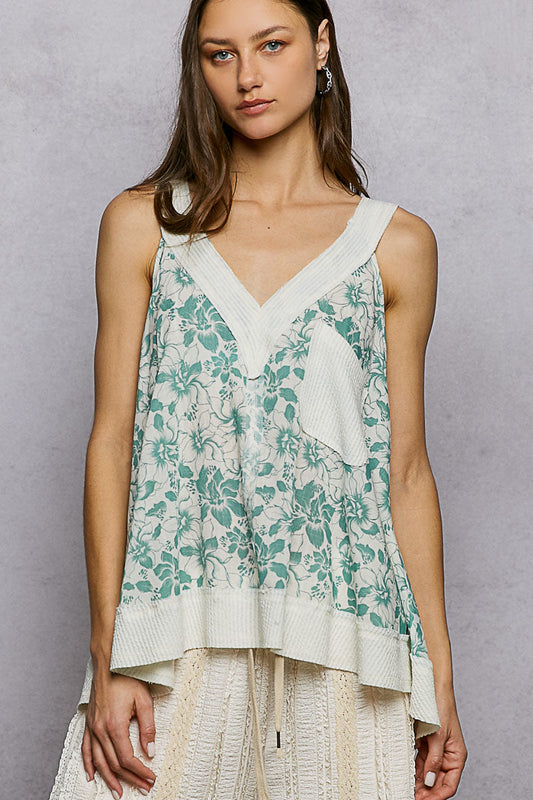 POL Floral V-Neck Tank with Front Pocket