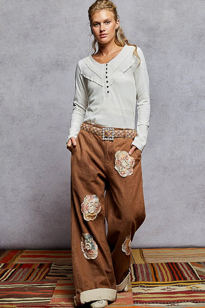 POL Ribbed Half Button Lace Detail Knit Top