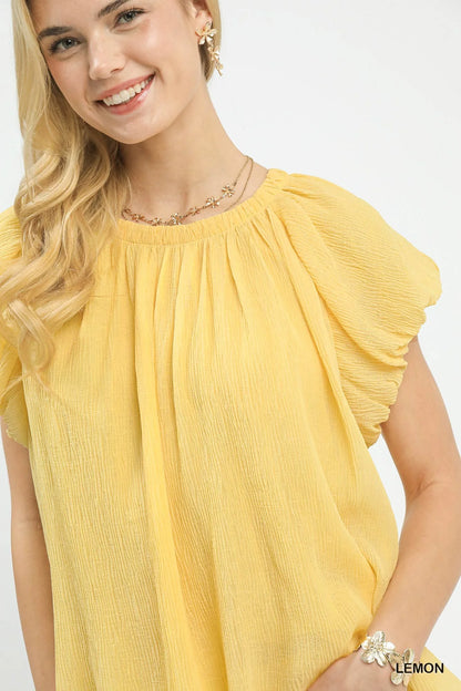 Umgee Crinkle Flutter Sleeve Peasant Top
