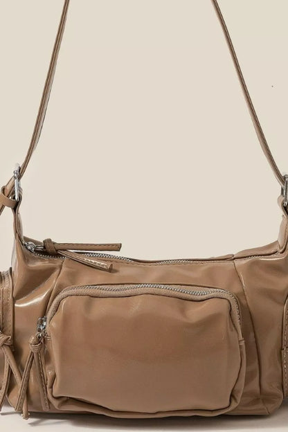 Fame Glossy Faux Leather Multi Pocket Hand Bag