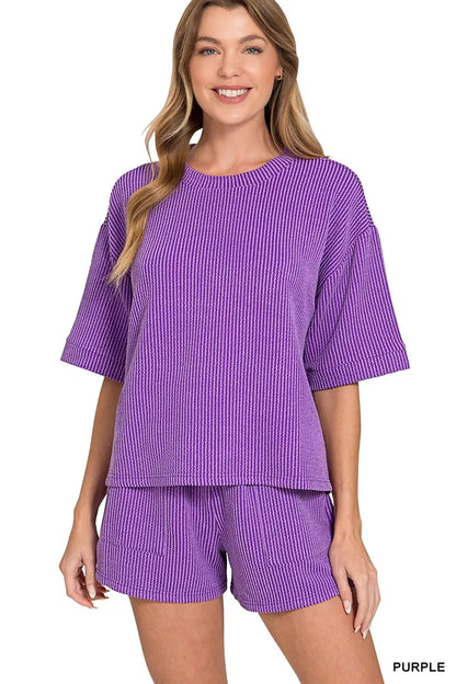 Zenana Raised Rib Short Sleeve Tee and Drawstring Shorts Set