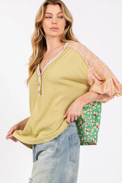 SAGE + FIG Full Size Color Block Bubble Sleeve Top Plus Size