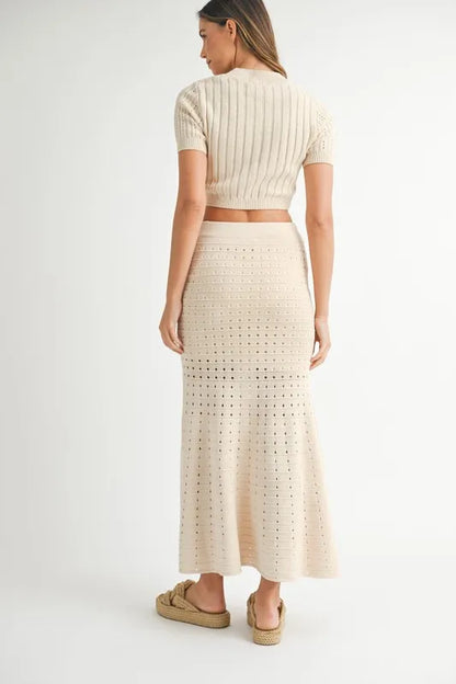MABLE Pointelle Short Sleeve Crop Top and Slit Skirt Sweater Set