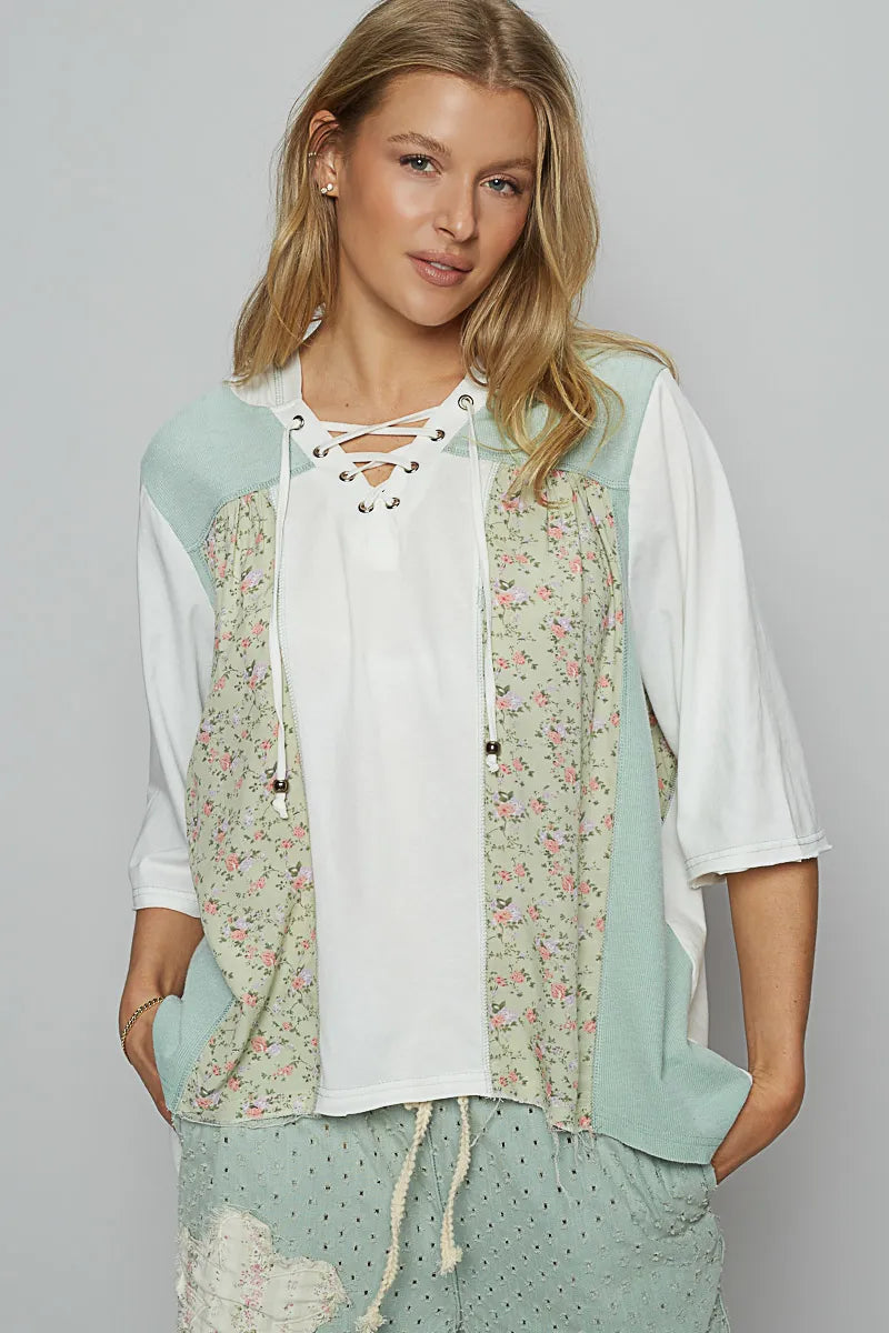 POL Lace-Up Hooded T-Shirt with Paisley Panel Detail