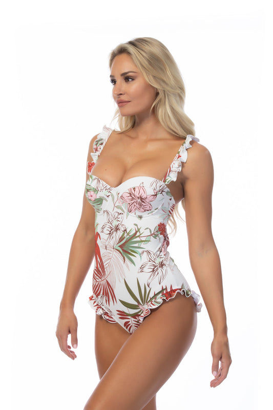 TROPICAL RUFFLE TRIM UNDERWIRE ONE PIECE SWIMSUIT
