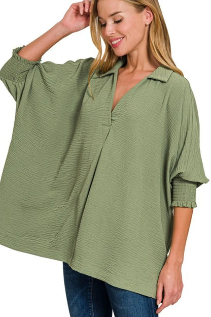 Zenana Airflow Collar Tee with Smocked Sleeve Band Top
