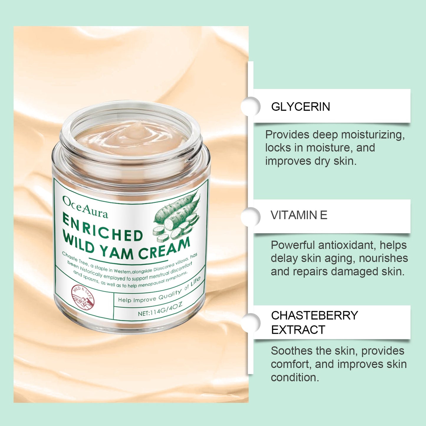 OceAura Wild Yam Body Moisturizer, Nourishes, Hydrates, Firming, Lightening And Delicate Skin Yam Cream