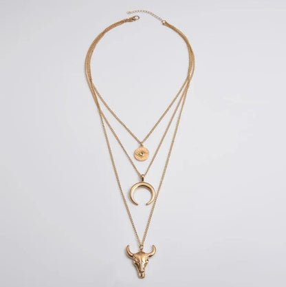 Alloy Three-Layered Bull Head Pendant Necklace