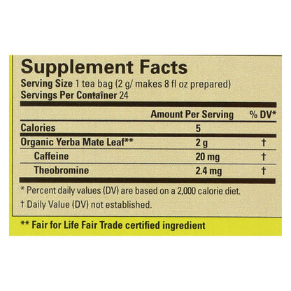 Ecoteas Unsmoked Organic Yerba Mate Green Energy Tea Bags, 6-Pack of 24 Bags
