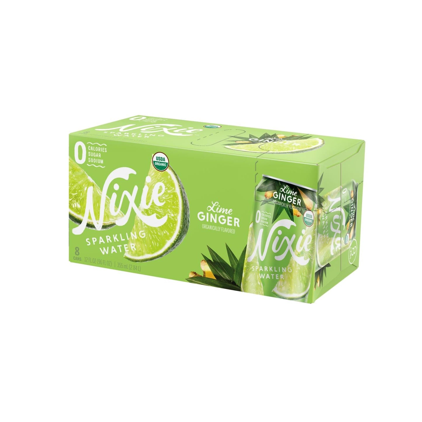 Nixie Sparkling Water, Lime Ginger, 12 fl. oz., Case of 3 Boxes (8 Cans Each) — Zero Calories, Naturally Flavored