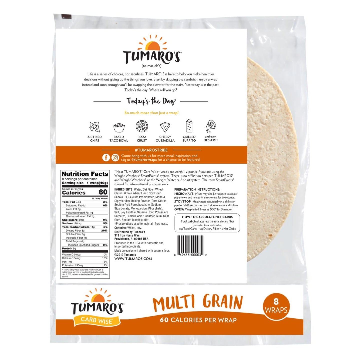 Tumaro's Carb Wise Multi Grain Wraps, 8 Count (Pack of 6)