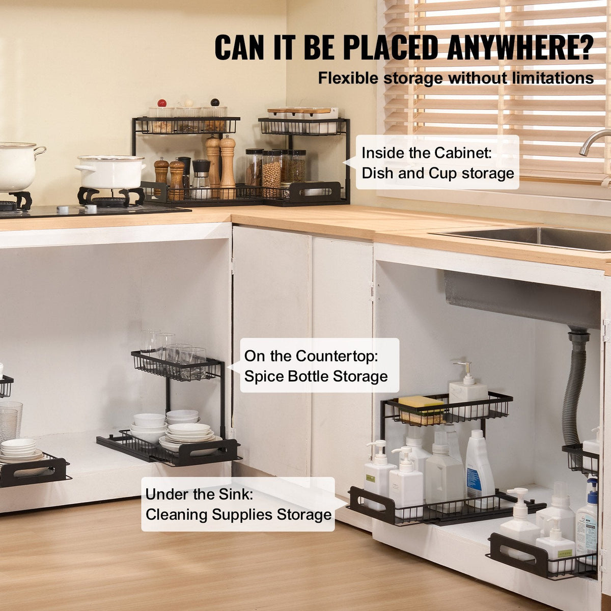 2-Tier Wire Pull Out Cabinet Under Sink Organizer Drawer Basket 2PCS