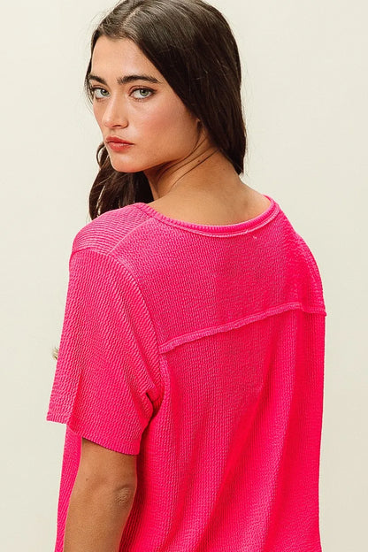 BiBi Waved Rib U Neck Top With Front Pocket