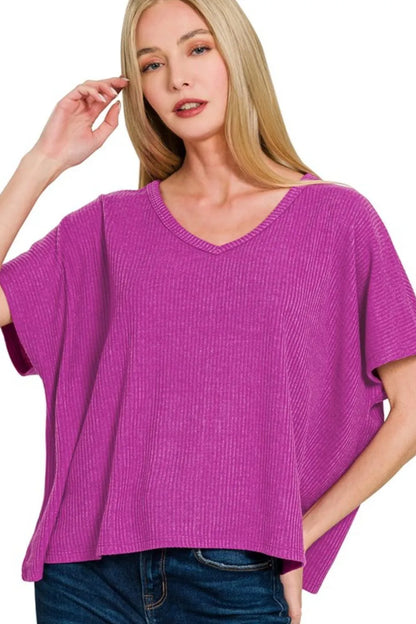 Zenana Ribbed V-Neck Short-Sleeve Knit Top