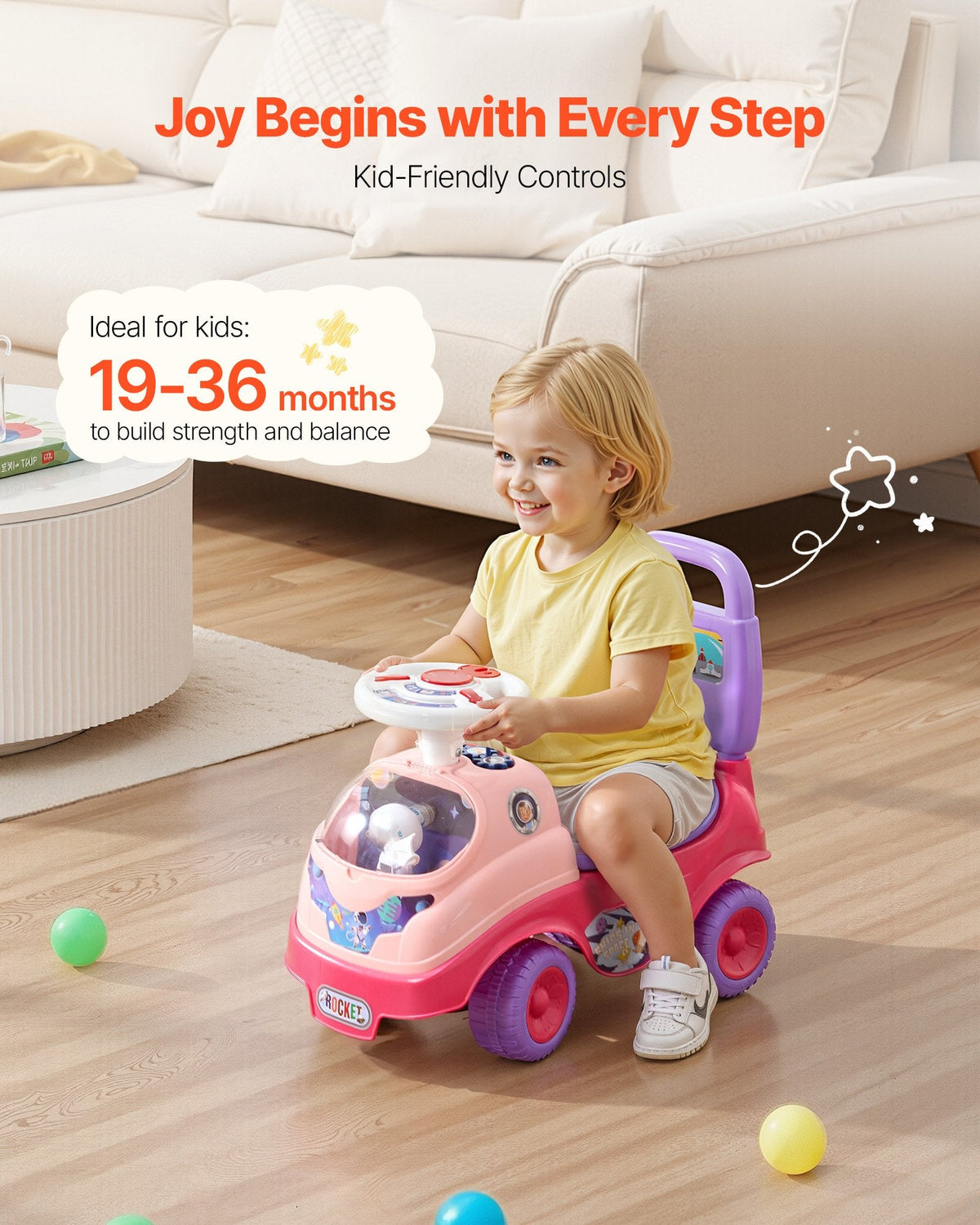 Ride On Toddler Push Car, Push Car For Toddler 19 To 36 Months, Kids Ride On Toy With Horn & Music, 48.5 Lbs Load Capacity, Under-seat Storage, Foot-to-Floor Walker For Toddlers Boys Girls, Pink