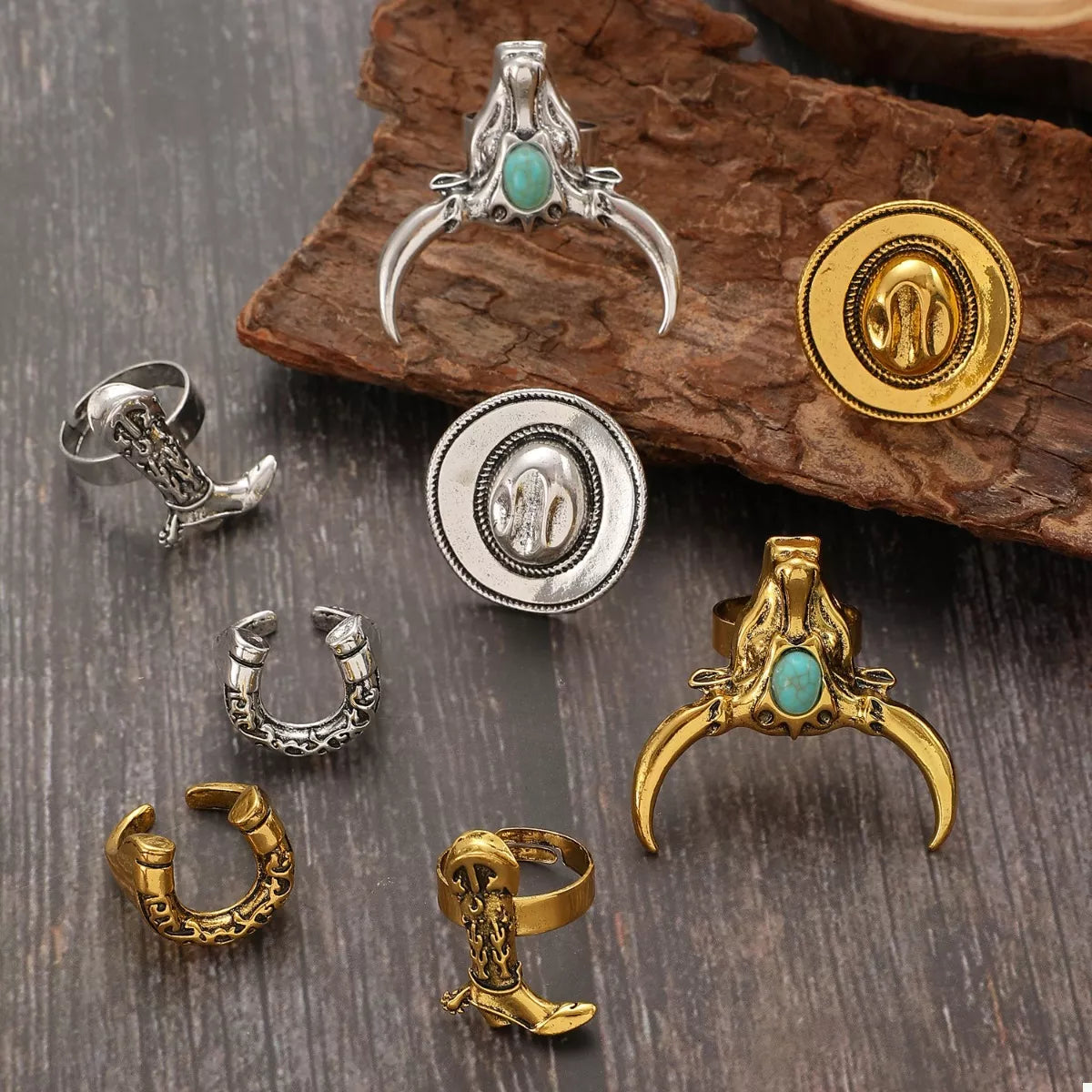 4 Piece Vintage Western Style Bull Head Rings