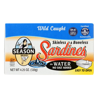 Season Skinless and Boneless Sardines in Water 4.25 oz, No Salt Added (Pack of 12)