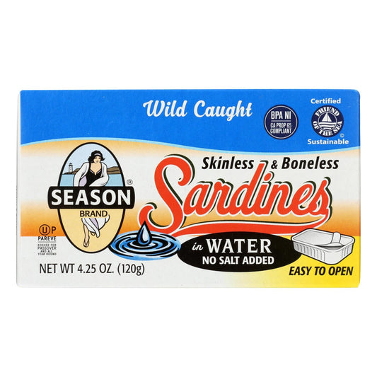 Season Skinless and Boneless Sardines in Water 4.25 oz, No Salt Added (Pack of 12)