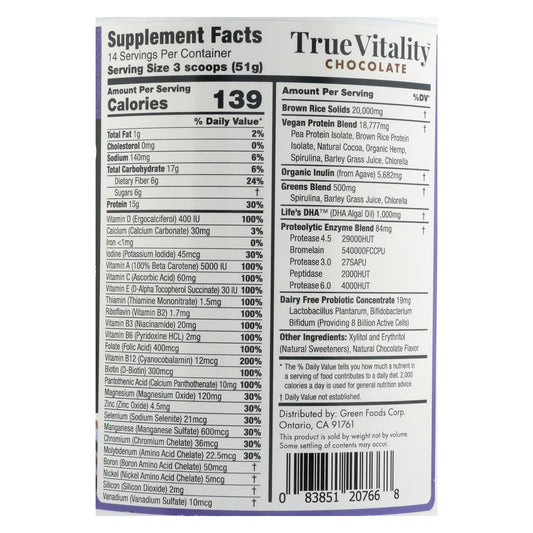 Green Foods True Vowelity Plant Protein Shake with DHA Chocolate - 25.2 Oz