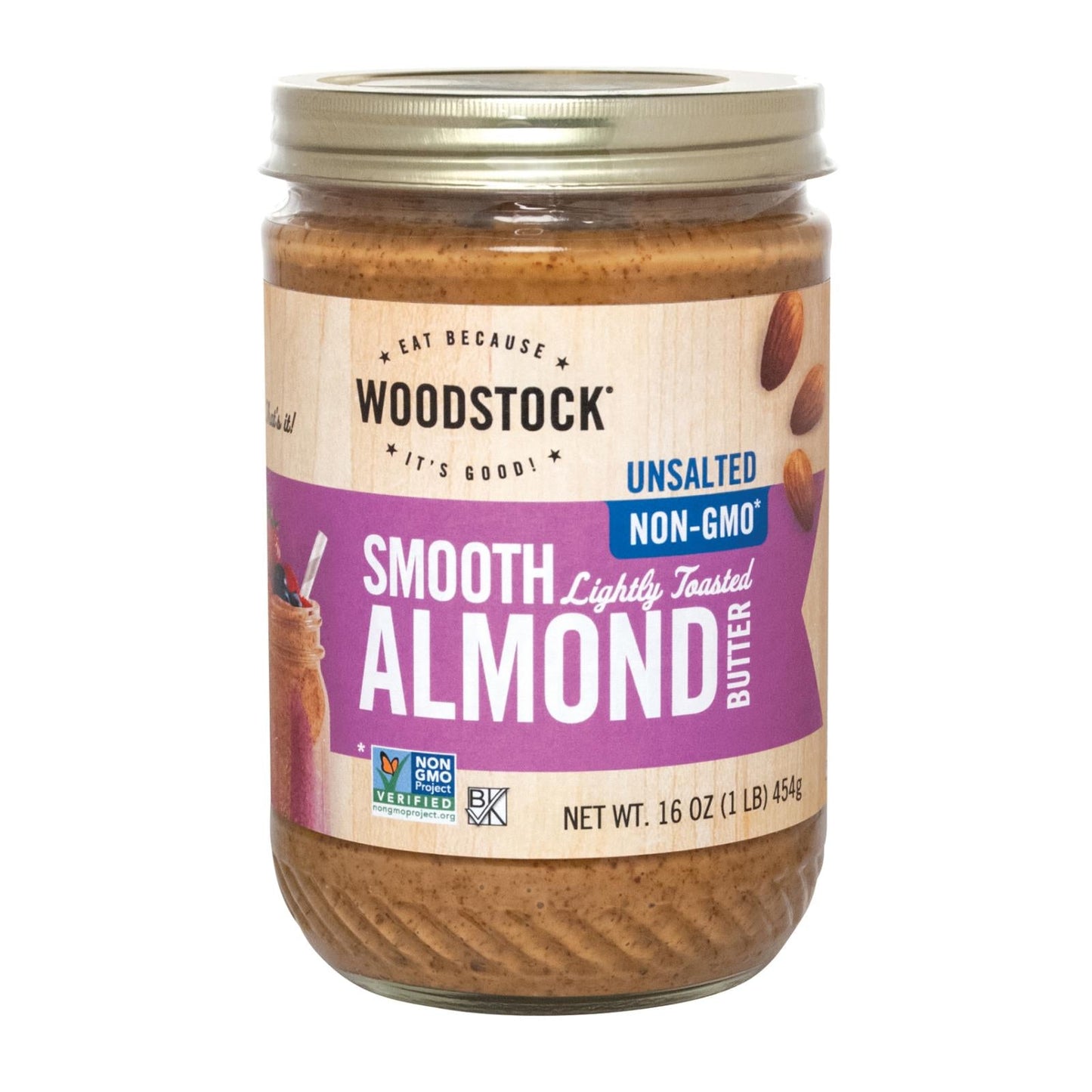 Woodstock Unsalted Non-GMO Smooth Lightly Toasted Almond Butter, 12-Pack, 16 oz Each