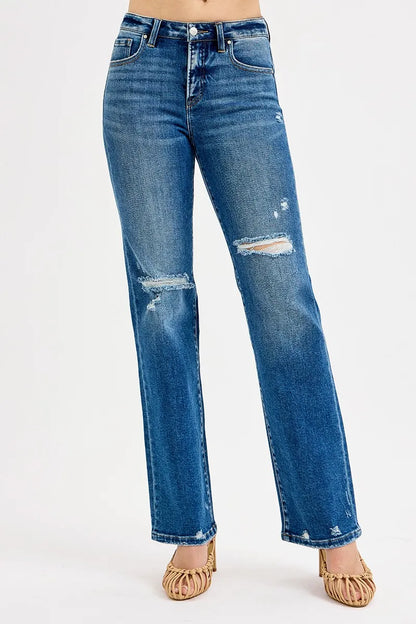 RISEN Full Size Tummy Control High Rise Straight Distressed Jeans Plus Size