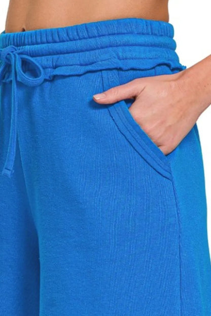 Zenana Fleece Raw Hem Shorts With Draw String