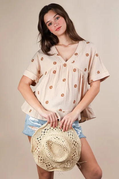 VERY J Flower Embroidered Woven Blouse